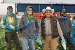 workers in a field smiling