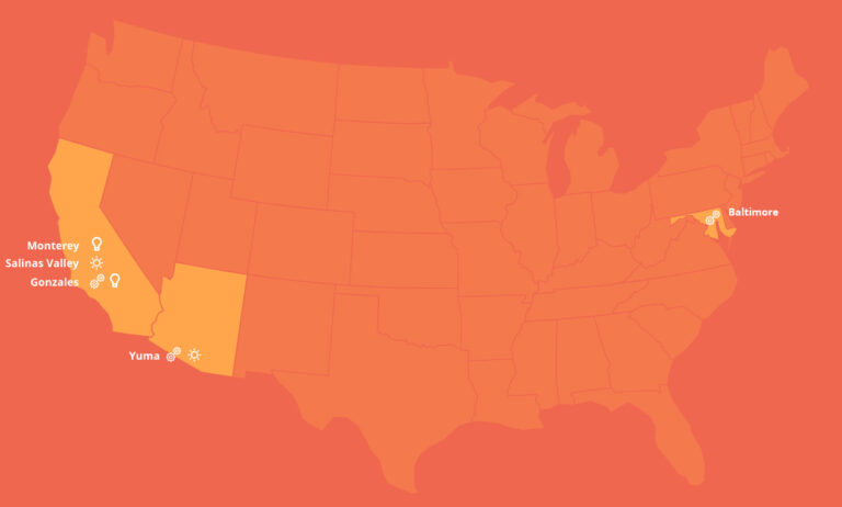 Map of the US with Monterey, Salinas Valley, Gonzales, Yuma and Baltimore highlighted